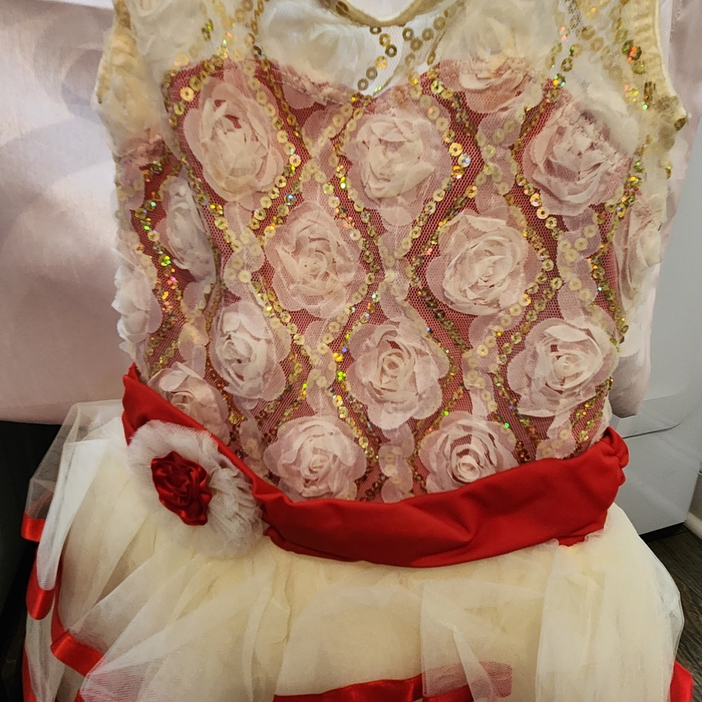 Cream and Red Dance Costumes with Lace Overlay